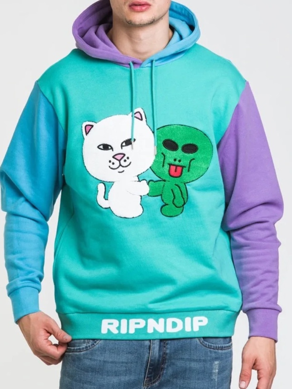 RIPNDIP Buddy System Hoodie Colorblock Teal Purple Cats Aliens Sweatshirt Size M